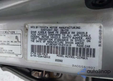 2003 Toyota Camry Le from USA, damaged, VIN 4T1BE32K73U231819